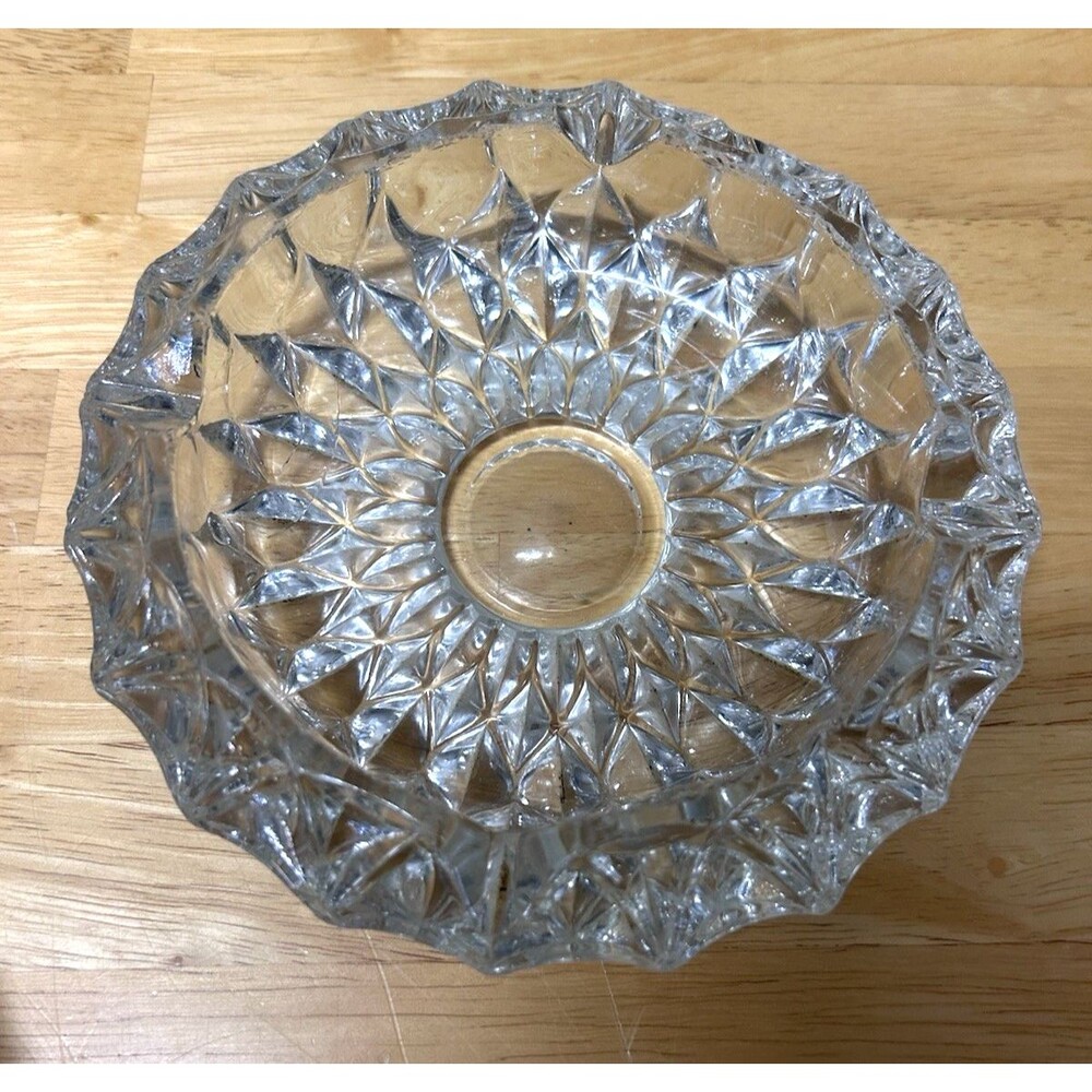 Vintage 7" Glass Crystal Diamond Cut Cigarette Round Ashtray Trinket Candy Dish